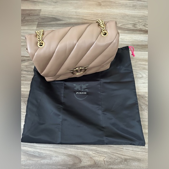 New Pinko Large Puff Leather Shoulder Bag In Taupe - Picture 11 of 14